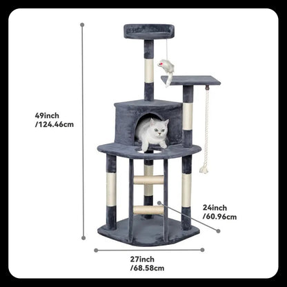 Kitty Tower Kitten Condo House Tree with Toys & Ladder – 47" (Grey & Beige)