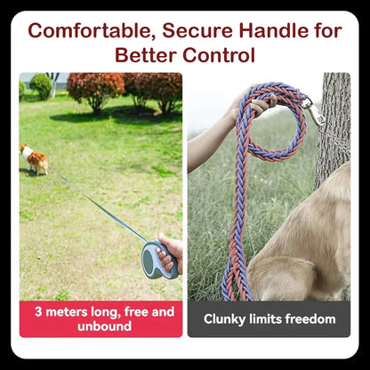 16ft Tangle-Free Retractable Dog Leash – Grey & White | One-Handed Brake & Pause Lock | Includes Minimalist Chest Harness