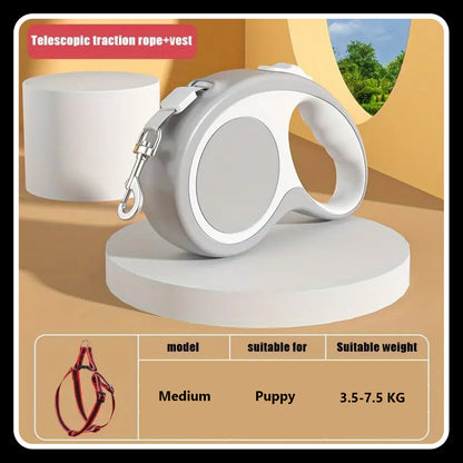 16ft Tangle-Free Retractable Dog Leash – Grey & White | One-Handed Brake & Pause Lock | Includes Minimalist Chest Harness