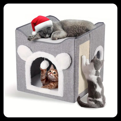 Double-Layer Cat Bed – Kennel - Foldable -Sisal Scratching Board, Soft Cushion – House & Cave for Indoor Cats and Small Dogs (Grey)