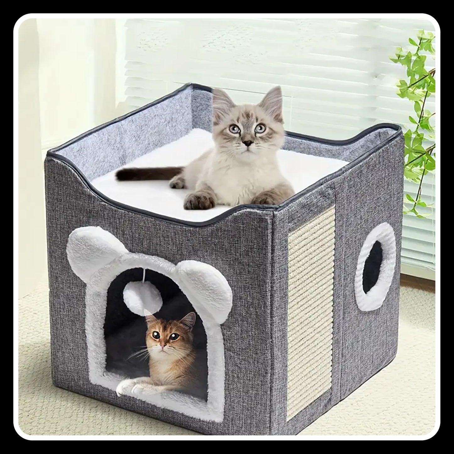 Double-Layer Cat Bed – Kennel - Foldable -Sisal Scratching Board, Soft Cushion – House & Cave for Indoor Cats and Small Dogs (Grey)