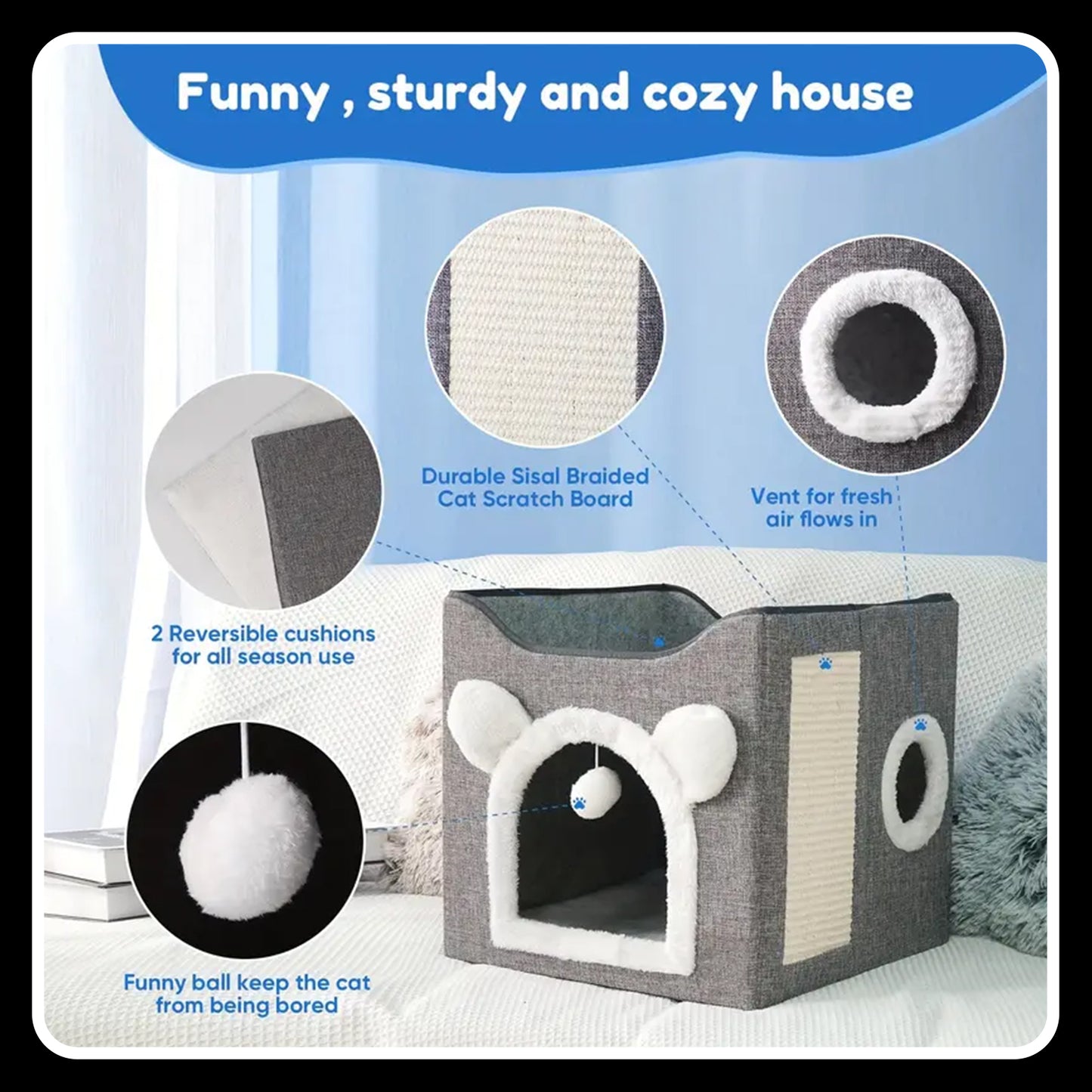 Double-Layer Cat Bed – Kennel - Foldable -Sisal Scratching Board, Soft Cushion – House & Cave for Indoor Cats and Small Dogs (Grey)