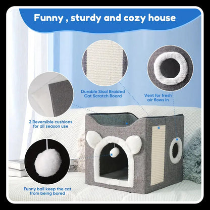 Double-Layer Cat Bed – Kennel - Foldable -Sisal Scratching Board, Soft Cushion – House & Cave for Indoor Cats and Small Dogs (Grey)