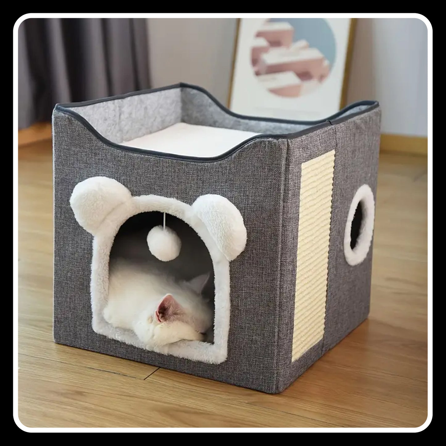 Double-Layer Cat Bed – Kennel - Foldable -Sisal Scratching Board, Soft Cushion – House & Cave for Indoor Cats and Small Dogs (Grey)