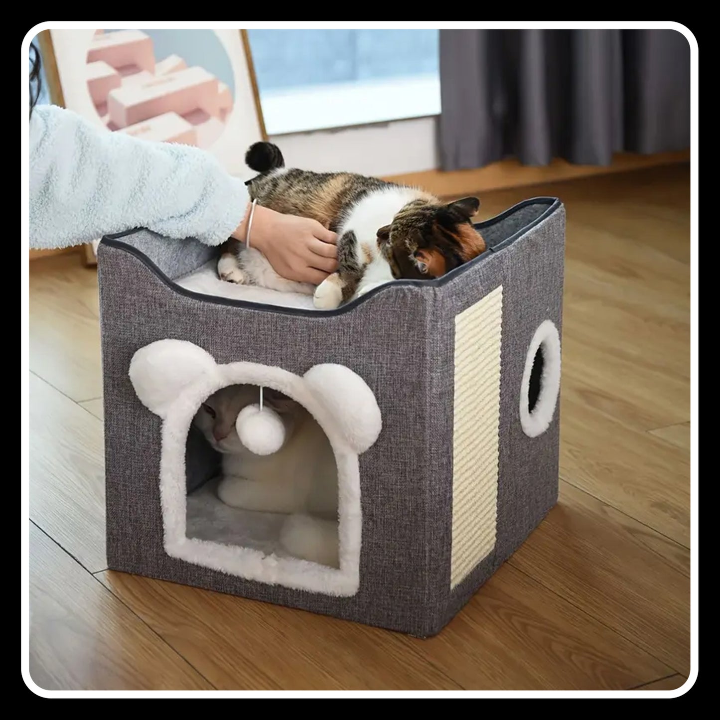 Double-Layer Cat Bed – Kennel - Foldable -Sisal Scratching Board, Soft Cushion – House & Cave for Indoor Cats and Small Dogs (Grey)