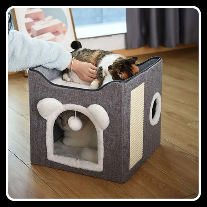 Double-Layer Cat Bed – Kennel - Foldable -Sisal Scratching Board, Soft Cushion – House & Cave for Indoor Cats and Small Dogs (Grey)