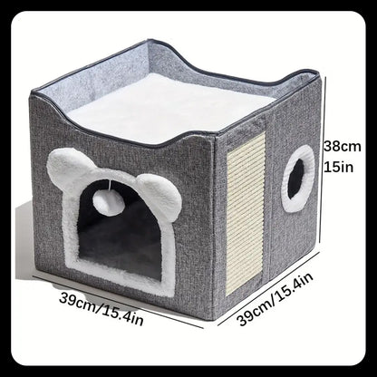 Double-Layer Cat Bed – Kennel - Foldable -Sisal Scratching Board, Soft Cushion – House & Cave for Indoor Cats and Small Dogs (Grey)