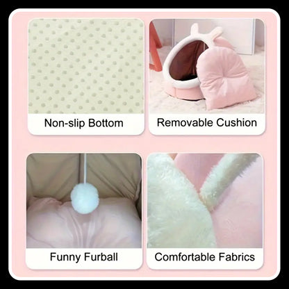 Pet Tent Soft Dog Bed – Semi-Enclosed Cat Cave House | Large Pink Cozy Pet Bed for Cats & Small Dogs