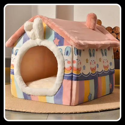 Cozy Rabbit-Shaped Foldable Pet Bed – Soft Polyester Winter Warm Cave Kennel Mat for Puppies, Cats & Small Dogs - Medium
